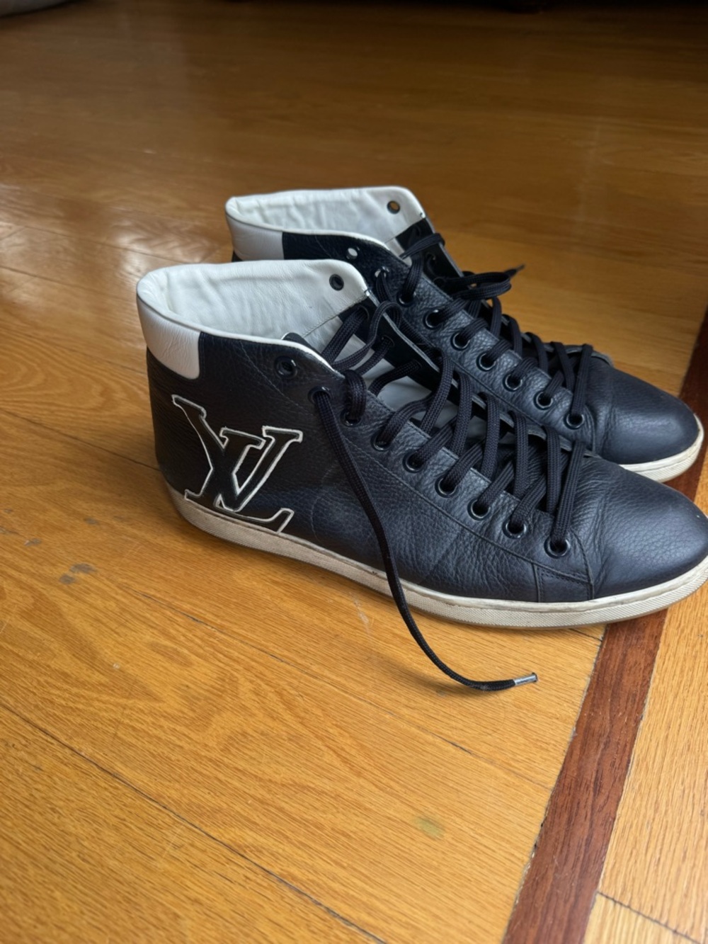Louis Vuitton Navy Blue and White High-Top Sneakers with LV Patch